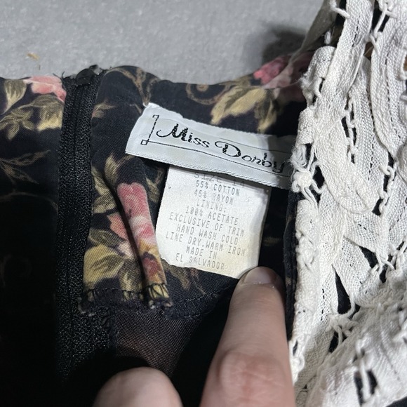 Vintage‎ Miss Dorby Dress Womens 14 Black Floral Button Maxi Modest Lace Collar - Picture 8 of 11